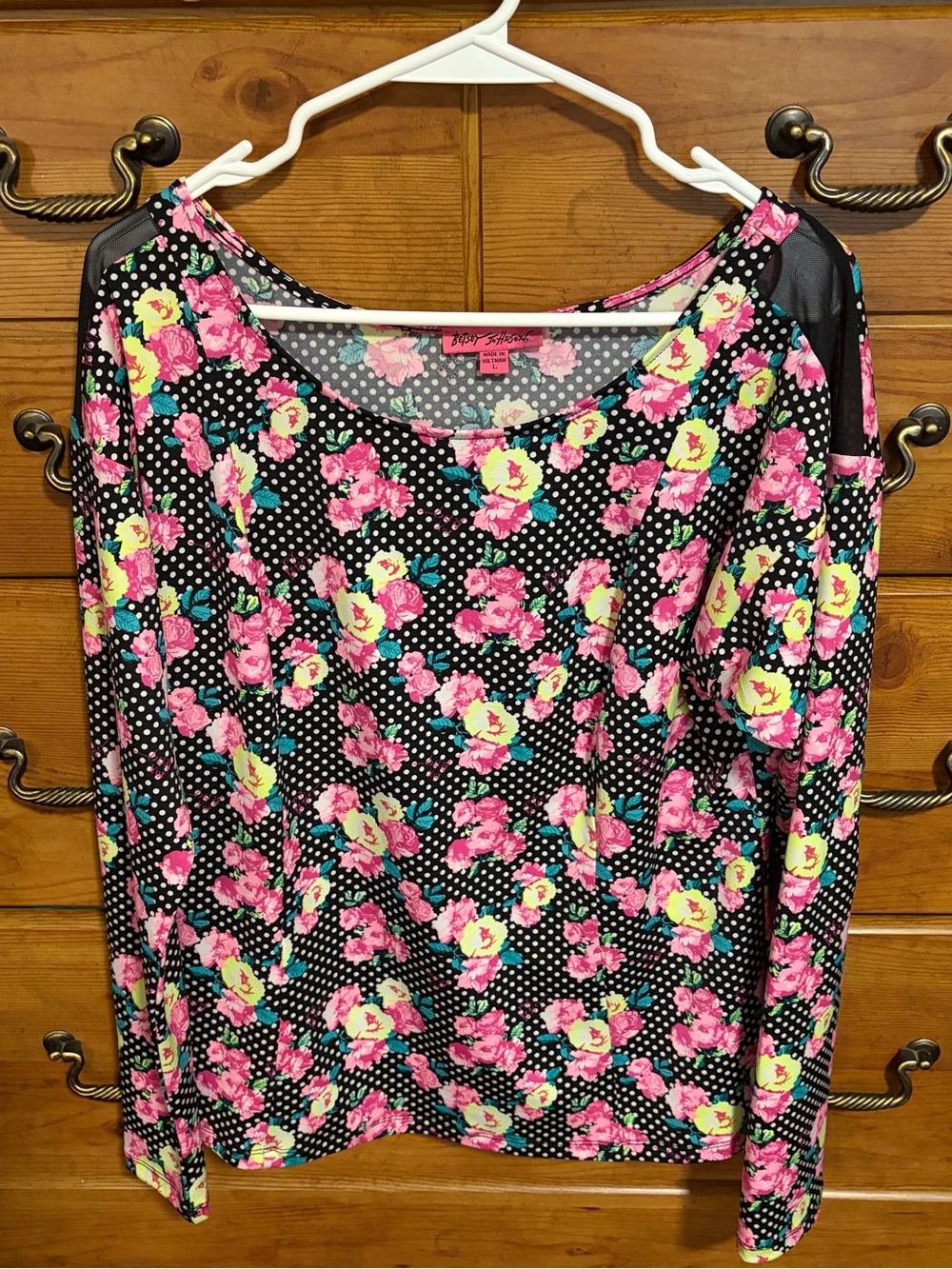 Betsey Johnson Black Long-Sleeve Scoop Neck Top with Pink & Yellow Floral Print